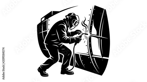 Welder Working on Large Metal Structure, Sparks Flying - Industrial Scene