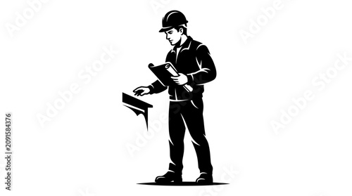 Construction worker in hard hat with blueprint, inspecting building plans