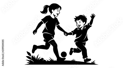 Children playing soccer outdoors, siblings enjoying outdoor activity, active lifestyle