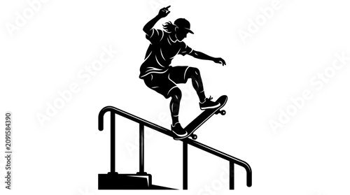 Silhouette of Skateboarder Grinding on Rail, Action Shot, Urban Sport