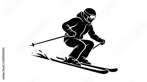 Silhouette of a skier descending a slope, wearing helmet and goggles, active winter sport