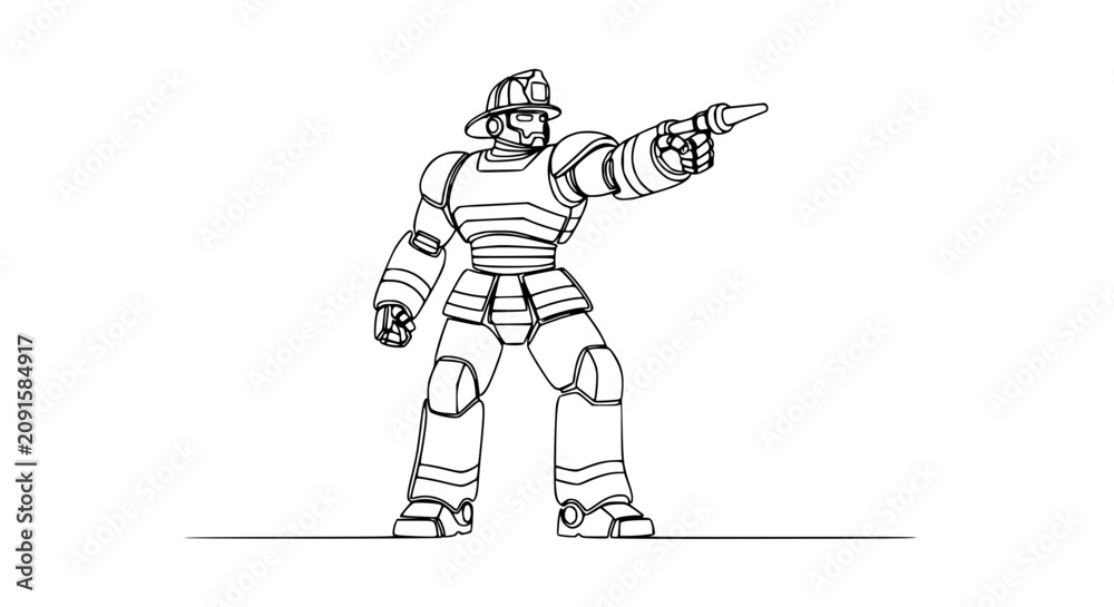 Fototapeta premium Cartoon Firefighter Robot Pointing Forward, Line Art Illustration