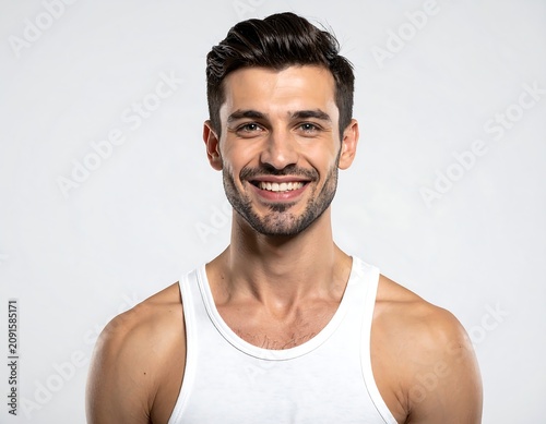 Happy man with short dark hair wearing white tank top.