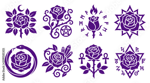 Obraz na płótnie Mystical purple rose icons with occult and runic symbols.