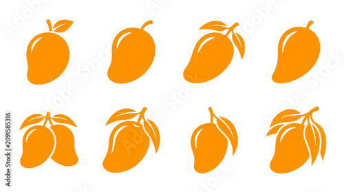 Succulent orange mango fruit icons and silhouettes set.