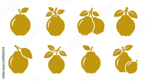 Golden quince and yellow pear fruit icon set.