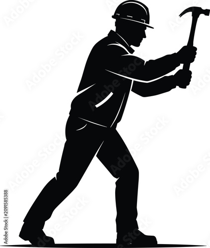 Construction worker silhouette wearing hard hat swinging hand hammer tool, male builder carpenter craftsman working icon, flat vector illustration isolated on white.