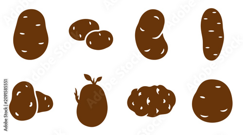 Brown potato tuber silhouette icons.