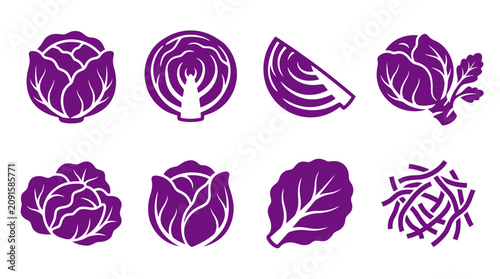 Red cabbage vegetable icon set in purple silhouette style.