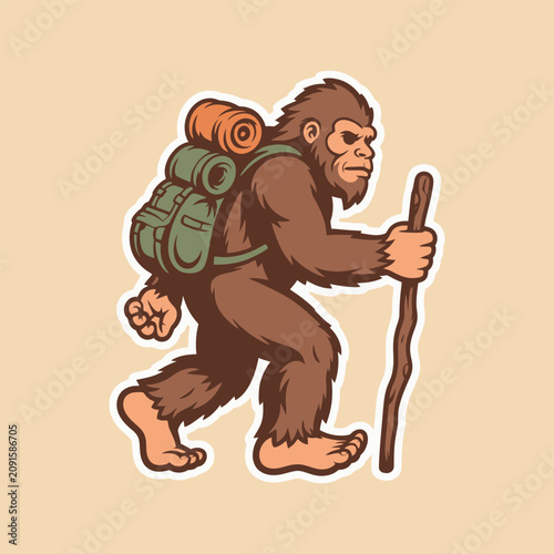 Bigfoot Hiker With Backpack Cartoon Illustration