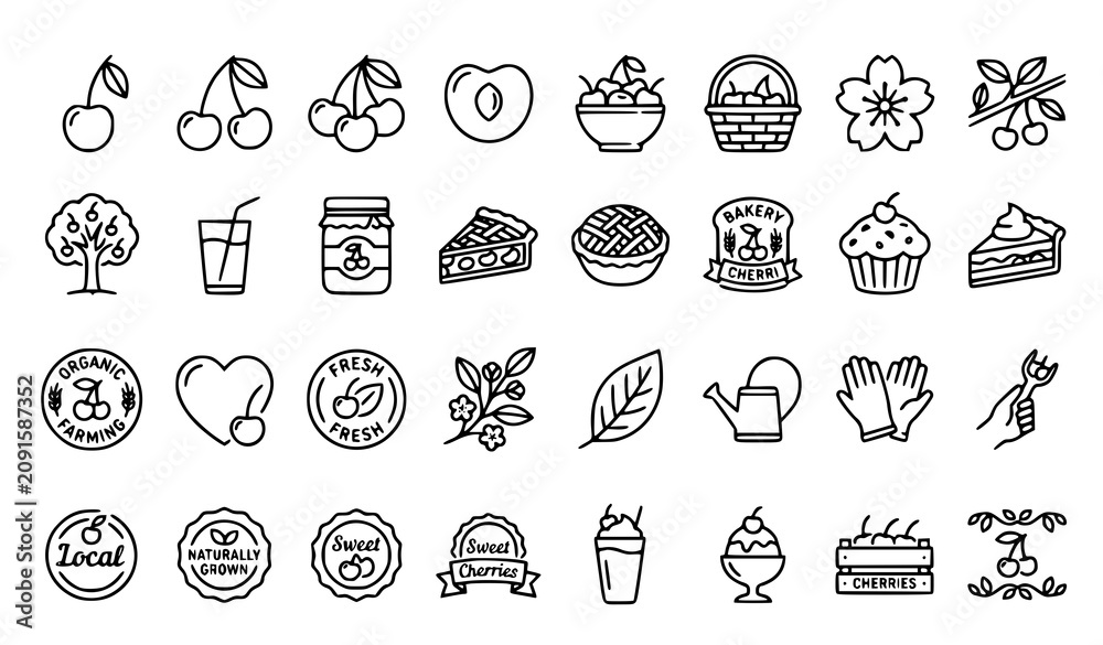 Obraz premium Cherry and Fruit Botanical Icon Collection with Sweet Berry Food Dessert and Nature Symbols Editable Vector Set