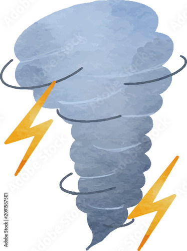 Watercolor tornado with lightning bolts and swirling wind
