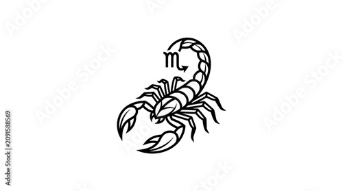Foto Black line art scorpion with scorpio zodiac symbol on white background