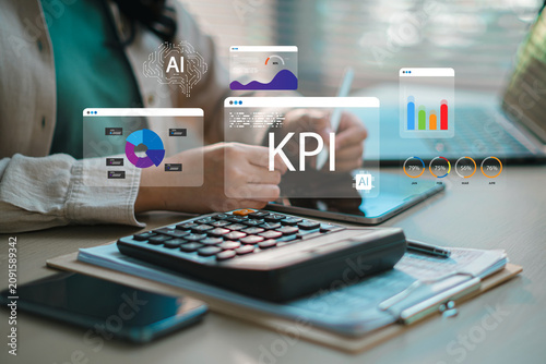 Businessperson analyzing corporate KPI performance and financial data dashboard with AI technology assistance