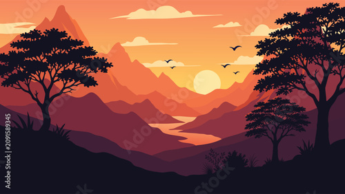 Billede på lærred Majestic Valley Sunset Winding River Flat Vector Landscape Banner With Layered M