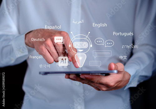 Businessman using digital tablet with AI chatbot translation assistant supporting multiple languages layout