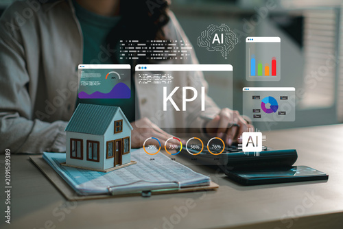 Real estate developer evaluating property investment KPI and market trends using AI technology dashboard