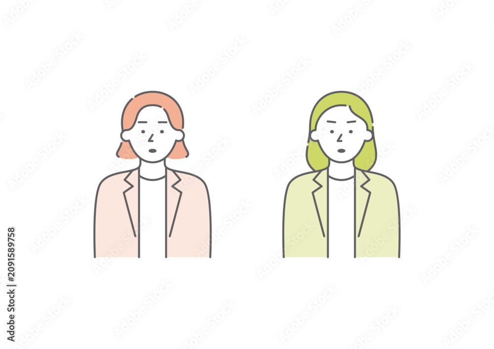 Fototapeta premium 喜怒哀楽の「怒」の表情をしているビジネスパーソンの女性二人組のイラストセット（黄緑・ピンク）