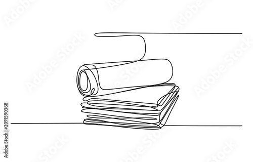 Continuous one line drawing of a stack of newspapers and a rolled newspaper