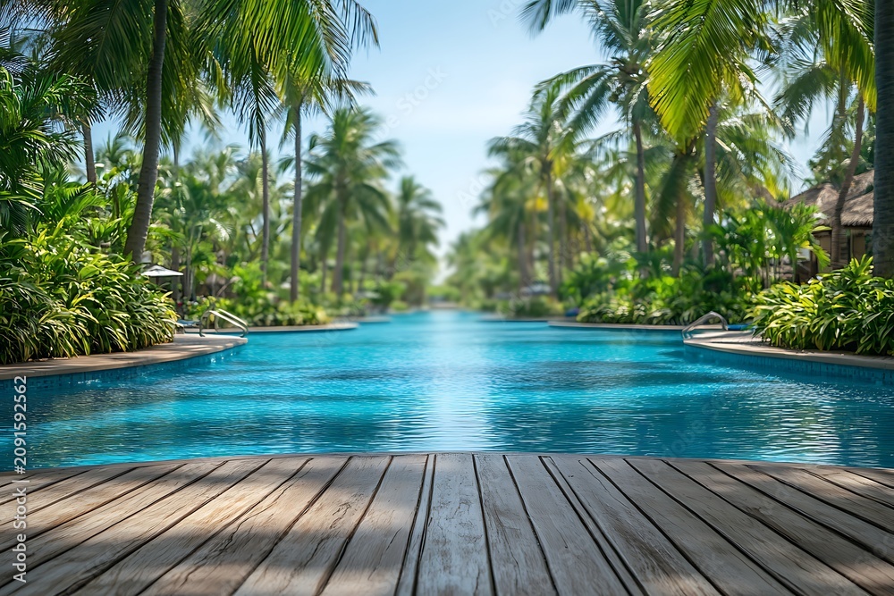 Fototapeta premium Luxurious tropical resort swimming pool surrounded by lush greenery and tall palm trees in a tropical paradise setting