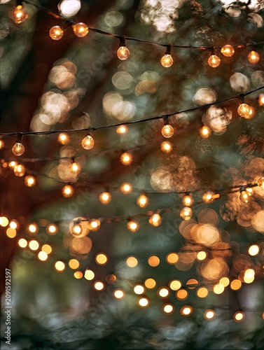 Warm string lights glow in soft focus amidst greenery, creating a magical atmosphere