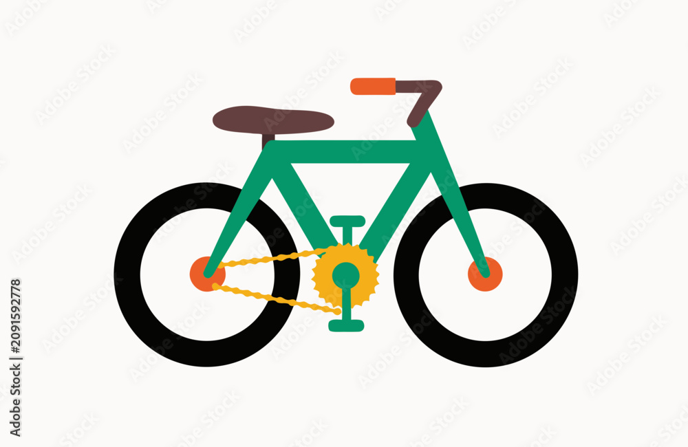 Obraz premium Minimalist flat-style illustration of a bicycle with a green frame, black wheels with orange hub accents, a brown seat and handlebar grips with an orange bar end, and a yellow gear/chain assembly.