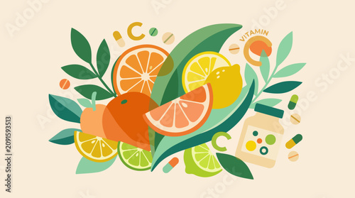 Konstfotografi Citrus fruits and vitamin supplements with green leaves.
