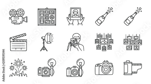Quadro su tela Photography and Filmmaking Icons: Camera, Film, Clapperboard, Champagne, Gallery