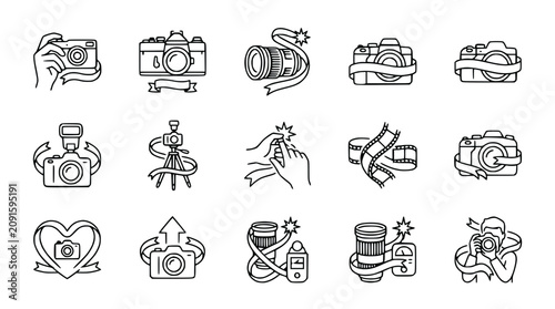 Fotografija Photography Icons: Cameras, Lenses, Film, Light Meter, Tripod - Line Art