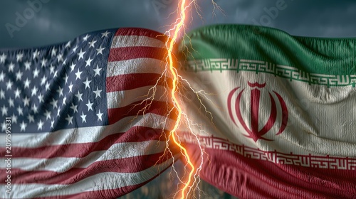 Two nations' flags clash amid a dramatic lightning strike