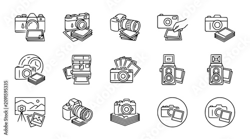 Photos Vintage and Modern Camera Icons with Photos, Photography Equipment Collection