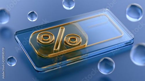 A glass voucher displays a golden percent sign against a navy to sky blue gradient with round glass spheres surrounding it.