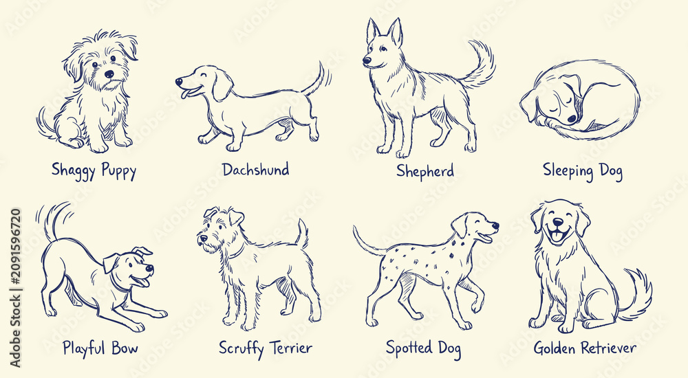 Fototapeta premium Dog breeds sketches set with dachshund shepherd dalmatian and golden retriever hand drawn design