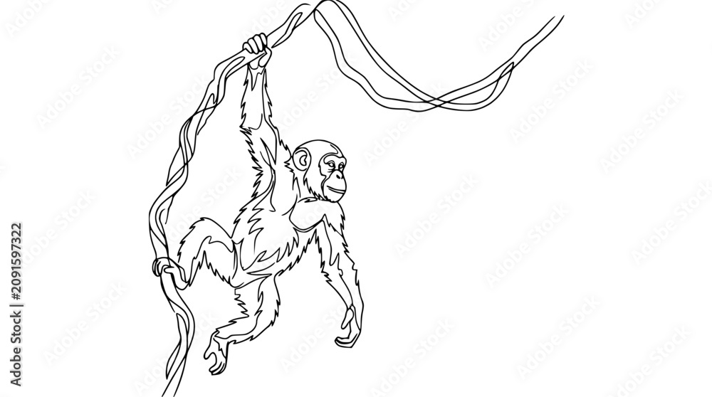 Obraz premium Chimpanzee hanging from vine, jungle animal, line art illustration, black and white