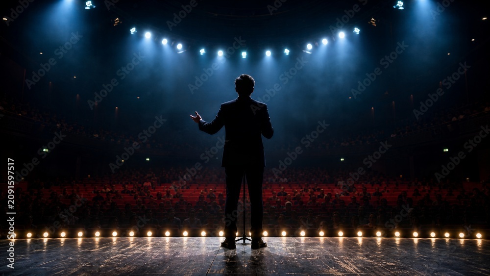 Fototapeta premium Stage Presence: A solitary figure stands silhouetted on a brightly lit stage, facing an unseen audience, embodying the essence of performance and public speaking.