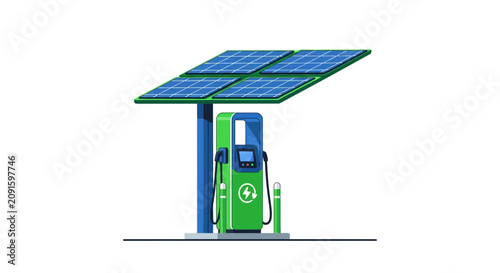 A green electric vehicle charging station station powered by solar energy panels provides sustainable fuel for modern transportation needs while helping to protect the planet from carbon