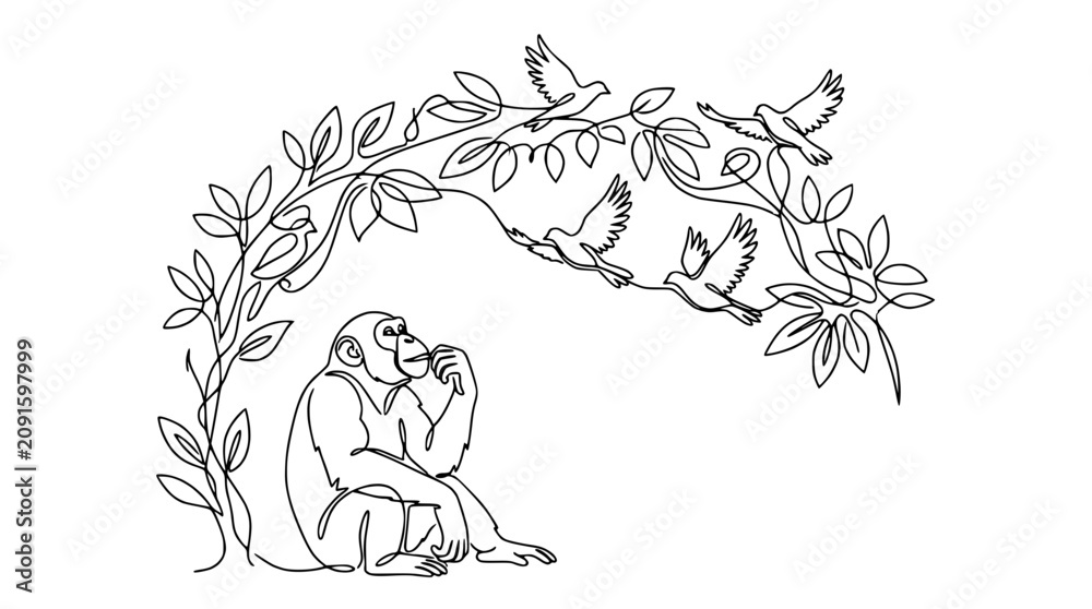 Fototapeta premium Chimpanzee Sitting Under Tree Branch with Flying Birds, Single Line Art