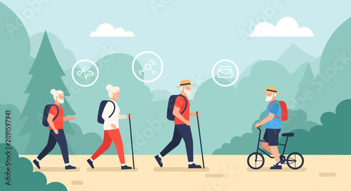 A group of cheerful elderly individuals enjoys a vibrant journey through a scenic forest path while engaging in physical activity and staying connected with digital technology during their sunny