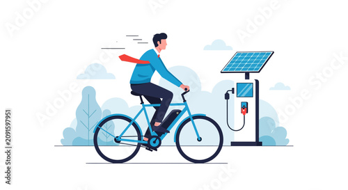 A business professional pedals his electric bicycle while commuting towards a renewable energy station equipped with photovoltaic panels to recharge the battery power for sustainable urban