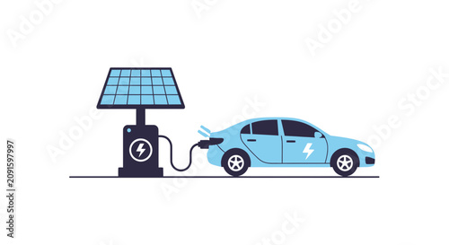 A blue passenger vehicle is currently receiving electrical power from a portable charging station that utilizes photovoltaic modules to generate renewable electricity for sustainable urban road