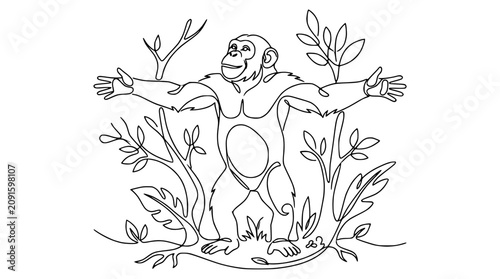 Photography Chimpanzee Line Art Drawing, Open Arms, Jungle Plants, Single Line Style