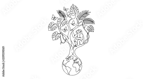 Canvas Print Minimalist Line Art: Monkey and Butterflies on Jungle Tree Growing from Earth