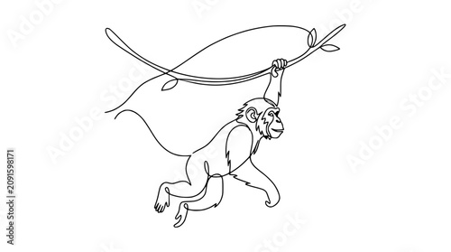 Photography Minimalist Monkey Swinging on Vine, Single Line Drawing