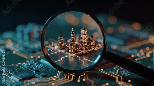 City skyscraper model magnified on a circuit board representing smart urban tech