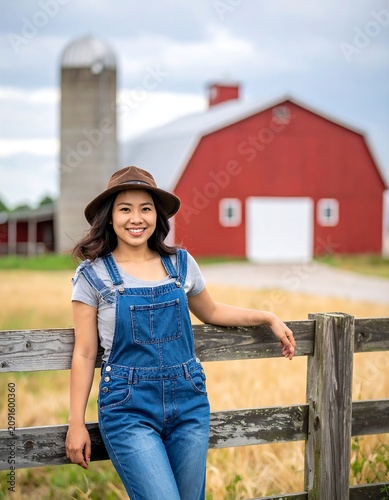 A woman in denim overalls and a hat poses by a wooden fence, smiling. A red barn and silo stand in the background under a cloudy sky