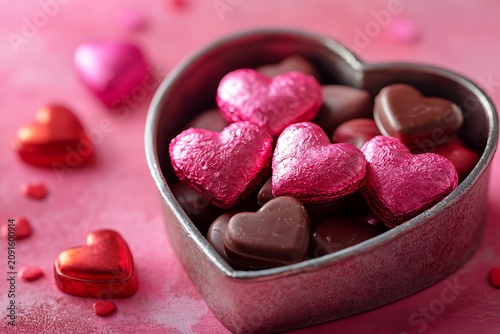 Heart-shaped chocolates in a metal heart box with scattered small candy hearts, romantic Valentine's Day sweet treat, love, affection concept