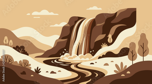 Rich chocolate waterfall landscape with brown flowing river.