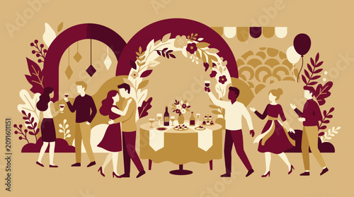 People dancing at festive dinner party reception.