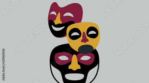 Abstract theater masks depicting drama and comedy archetypes.