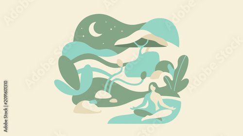 Woman meditating in stylized garden under crescent moon.